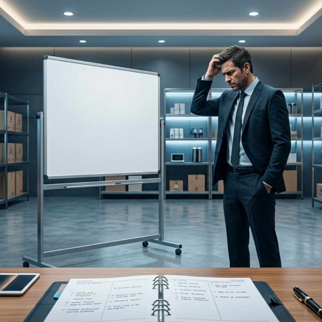 Empresario chileno sin control de envíos revisando registros logísticos incompletos en bodega